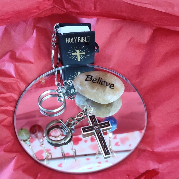 Non Accessories - 3 Unique Keychains Set Bible + Cross+ Rock Says " Believe  " GUC